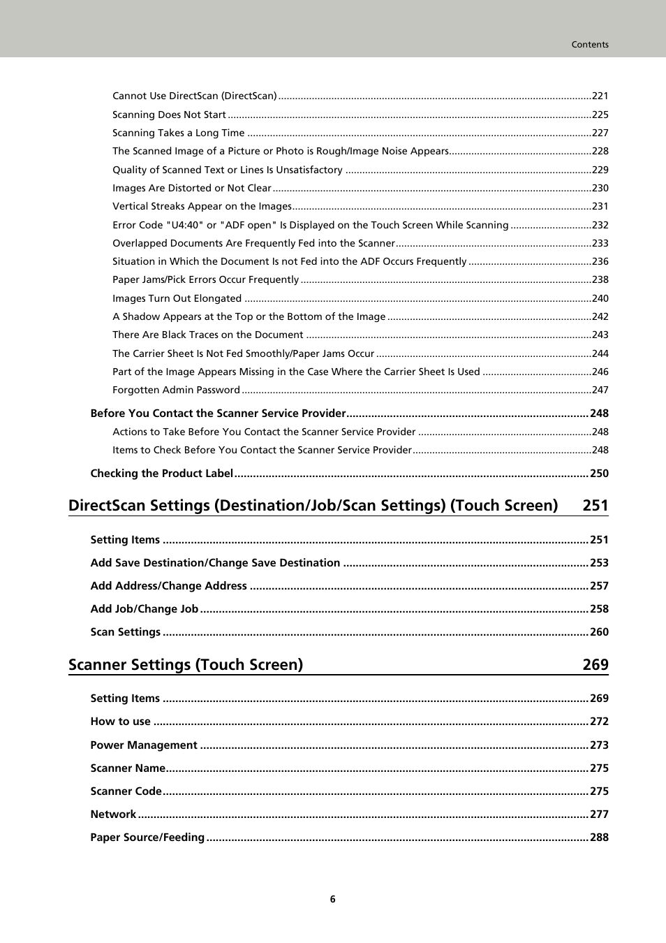 Scanner settings (touch screen) 269 | Ricoh fi-8040 Desktop Scanner User Manual | Page 6 / 425