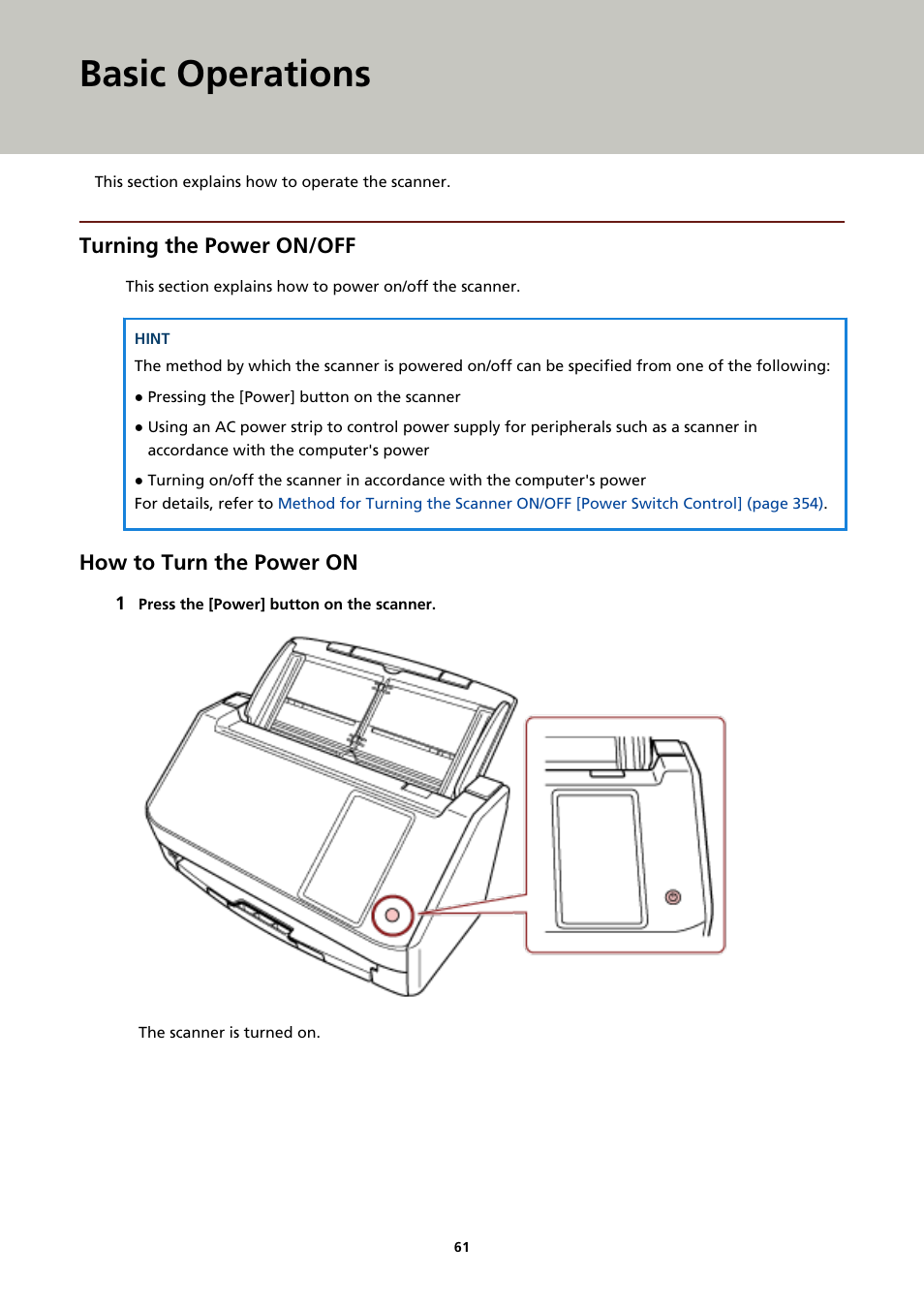 Basic operations, Turning the power on/off, How to turn the power on | For details, refer to | Ricoh fi-8040 Desktop Scanner User Manual | Page 61 / 425
