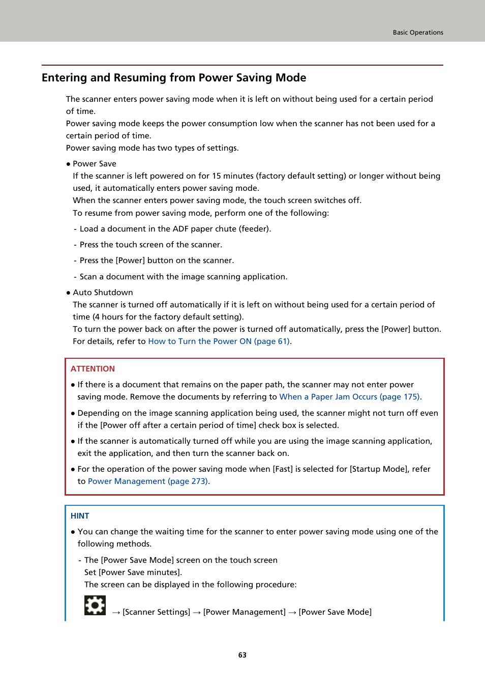 Entering and resuming from power saving mode | Ricoh fi-8040 Desktop Scanner User Manual | Page 63 / 425