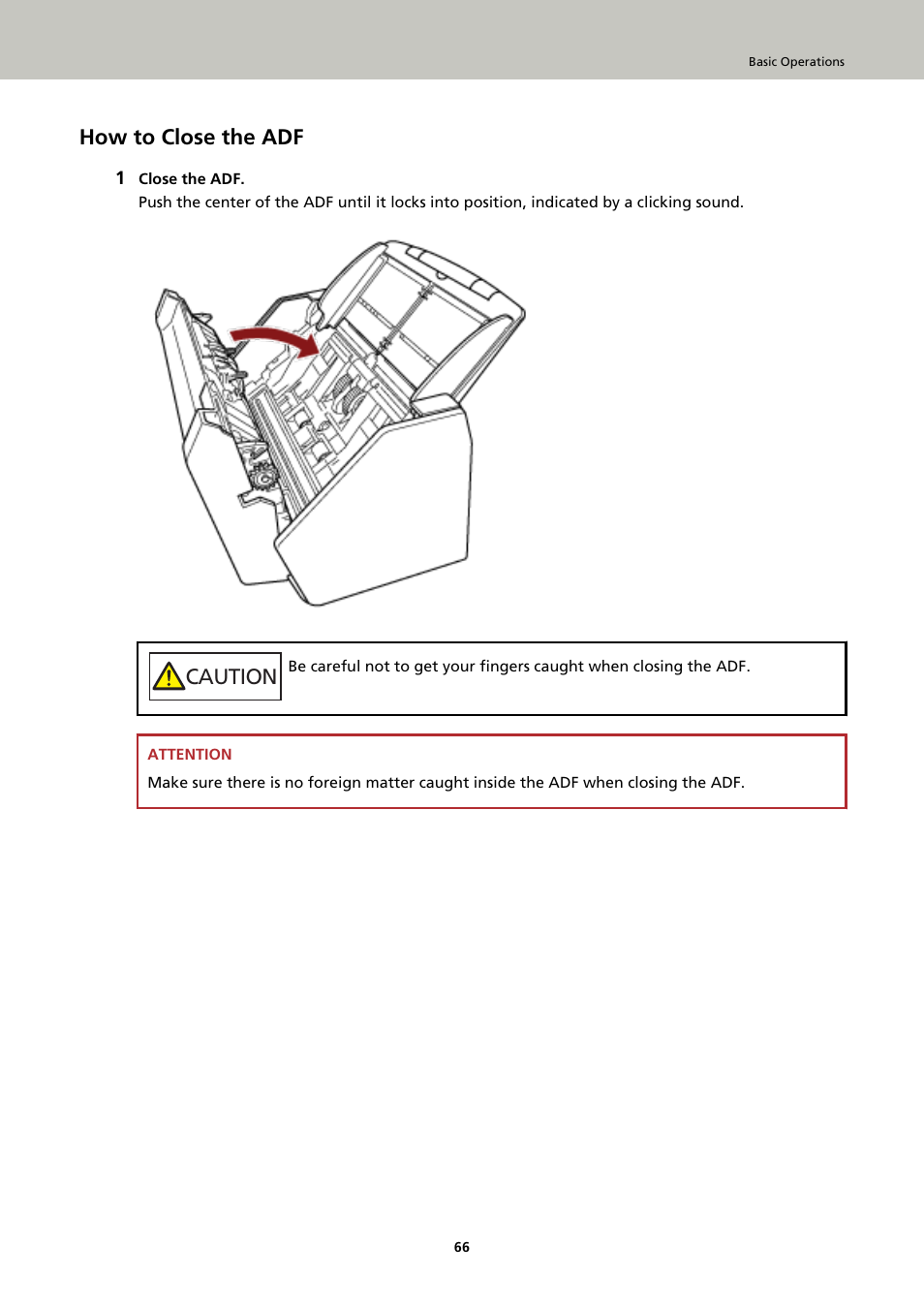 How to close the adf, Caution | Ricoh fi-8040 Desktop Scanner User Manual | Page 66 / 425
