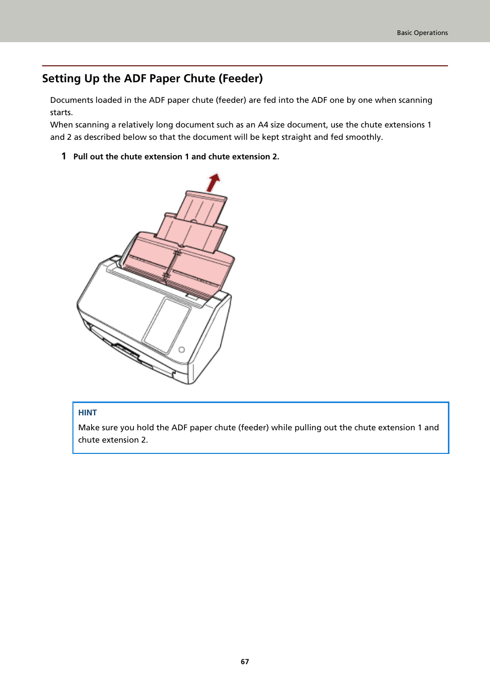 Setting up the adf paper chute (feeder) | Ricoh fi-8040 Desktop Scanner User Manual | Page 67 / 425
