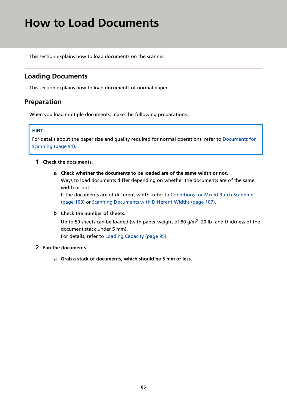 How to load documents, Loading documents, Preparation | Ricoh fi-8040 Desktop Scanner User Manual | Page 86 / 425