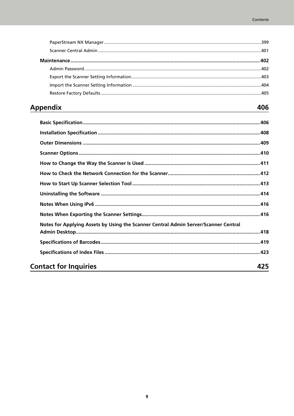 Appendix 406, Contact for inquiries 425 | Ricoh fi-8040 Desktop Scanner User Manual | Page 9 / 425