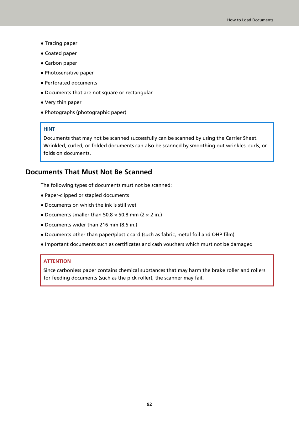 Documents that must not be scanned | Ricoh fi-8040 Desktop Scanner User Manual | Page 92 / 425