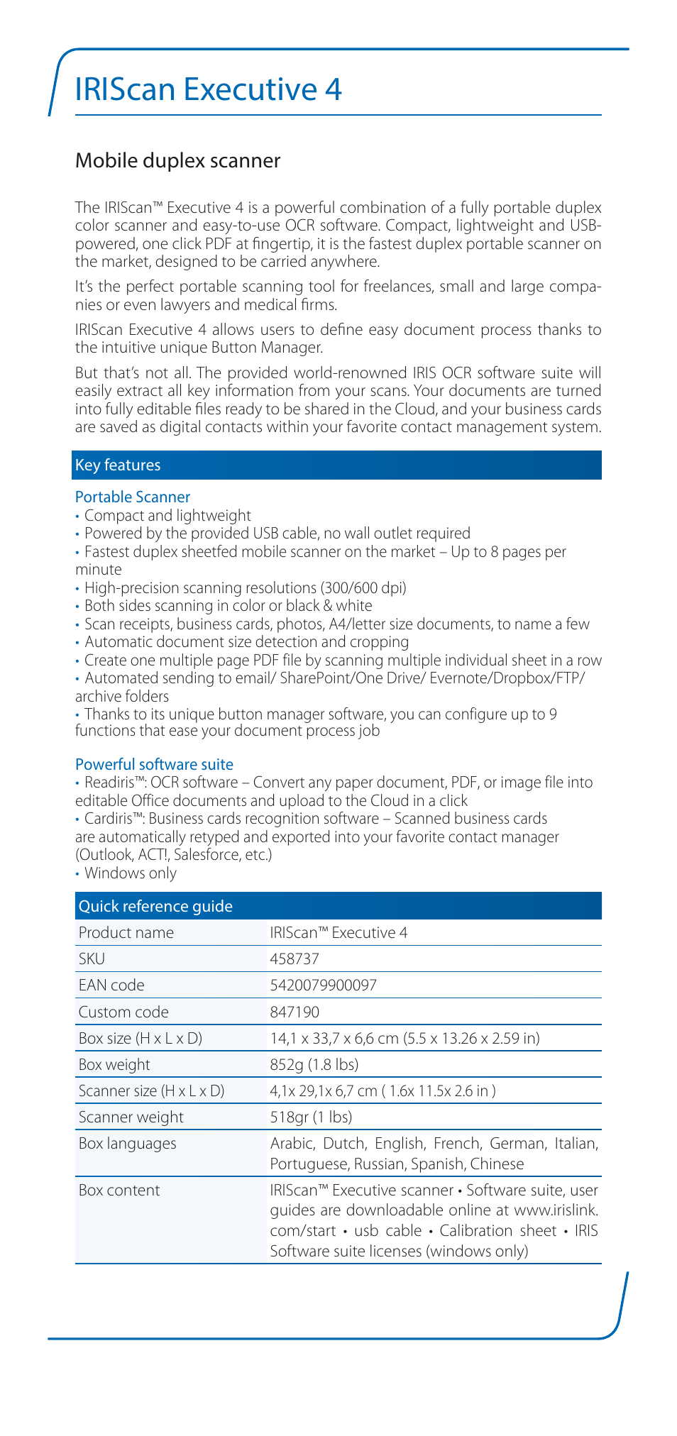 I.R.I.S. IRIScan Executive 4 Mobile Duplex Scanner User Manual | 2 pages