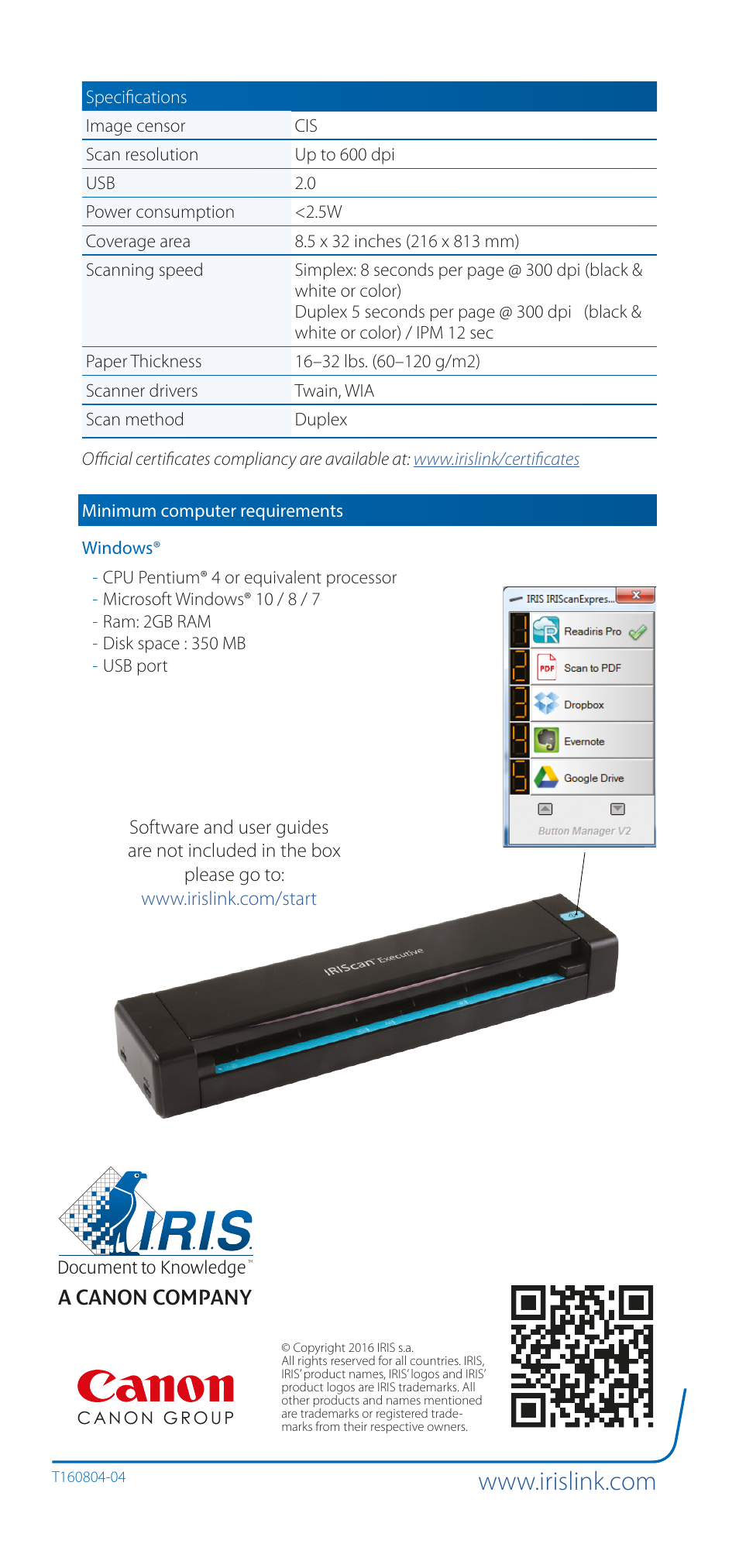 A canon company | I.R.I.S. IRIScan Executive 4 Mobile Duplex Scanner User Manual | Page 2 / 2