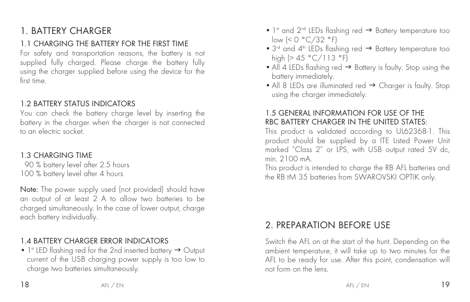 Preparation before use, Battery charger | Swarovski AFL Rechargeable Anti-Fog Lens for Z6i, Z8i, dS User Manual | Page 10 / 87