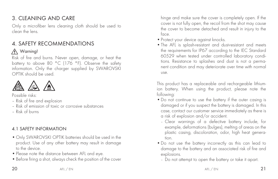 Cleaning and care, Safety recommendations | Swarovski AFL Rechargeable Anti-Fog Lens for Z6i, Z8i, dS User Manual | Page 11 / 87