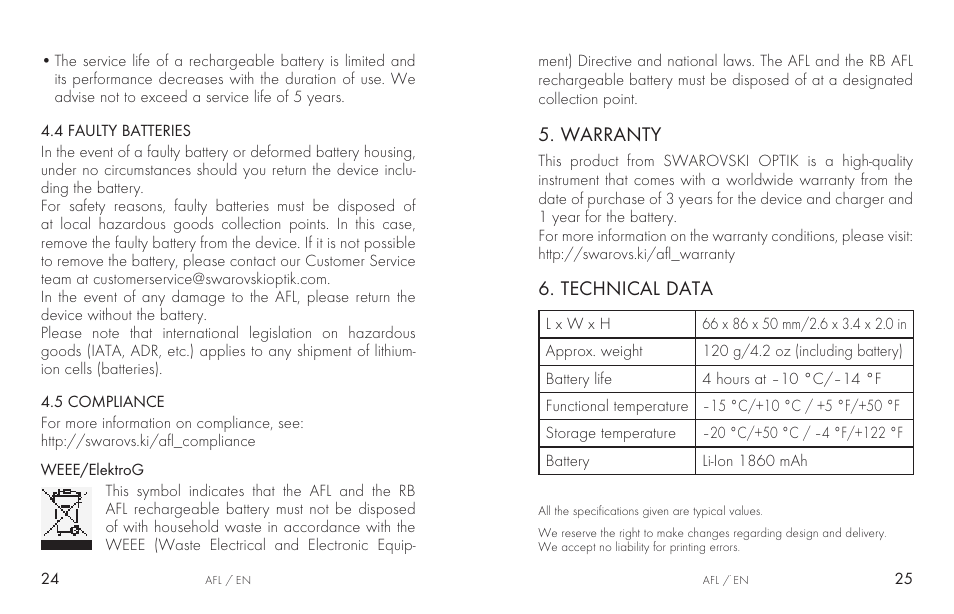 Technical data, Warranty | Swarovski AFL Rechargeable Anti-Fog Lens for Z6i, Z8i, dS User Manual | Page 13 / 87