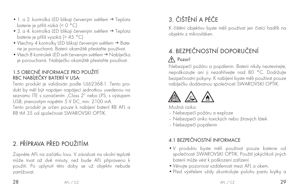 Příprava před použitím, Čištění a péče, Bezpečnostní doporučení | Swarovski AFL Rechargeable Anti-Fog Lens for Z6i, Z8i, dS User Manual | Page 15 / 87