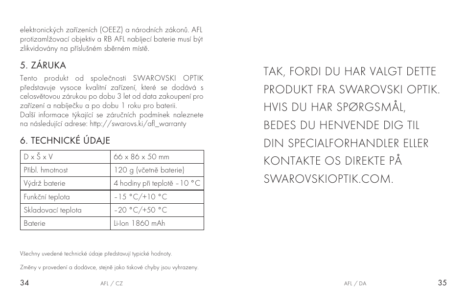 Technické údaje, Záruka | Swarovski AFL Rechargeable Anti-Fog Lens for Z6i, Z8i, dS User Manual | Page 18 / 87