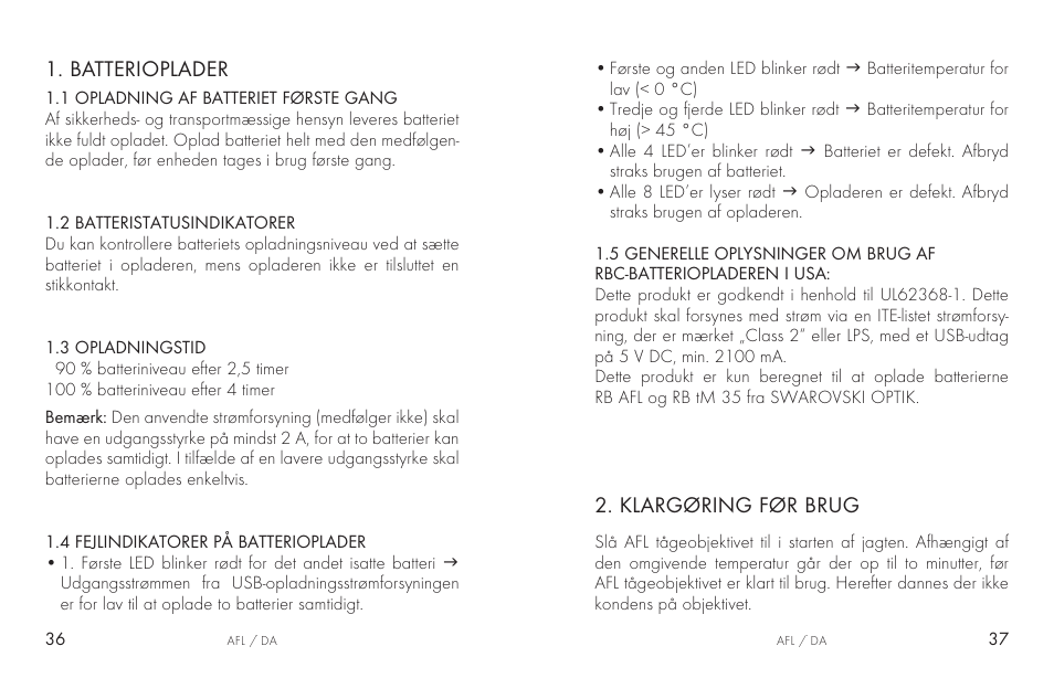 Batterioplader, Klargøring før brug | Swarovski AFL Rechargeable Anti-Fog Lens for Z6i, Z8i, dS User Manual | Page 19 / 87