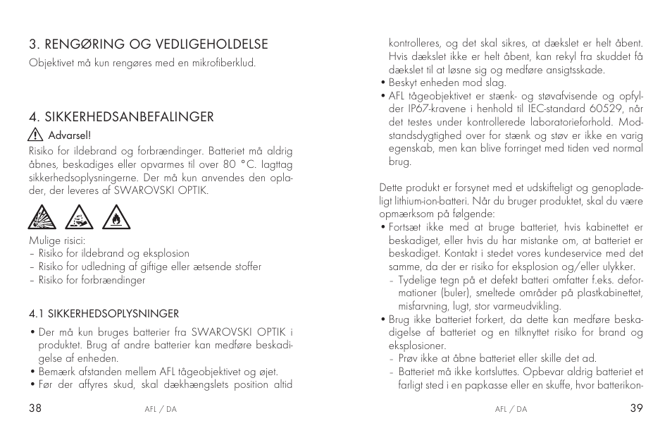 Rengøring og vedligeholdelse, Sikkerhedsanbefalinger | Swarovski AFL Rechargeable Anti-Fog Lens for Z6i, Z8i, dS User Manual | Page 20 / 87