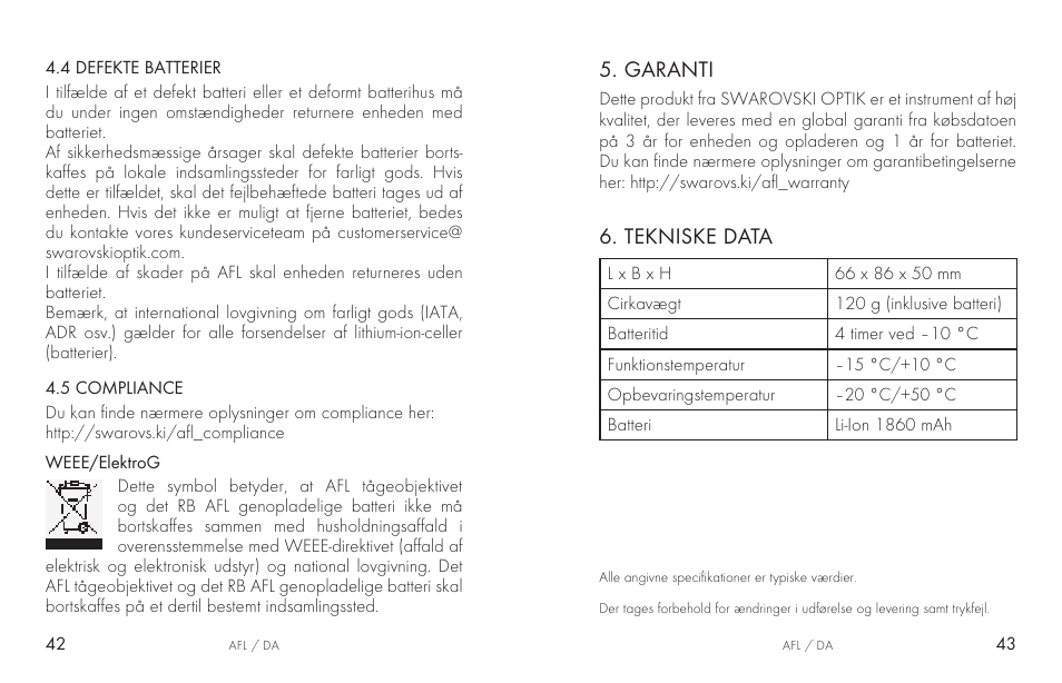 Garanti, Tekniske data | Swarovski AFL Rechargeable Anti-Fog Lens for Z6i, Z8i, dS User Manual | Page 22 / 87