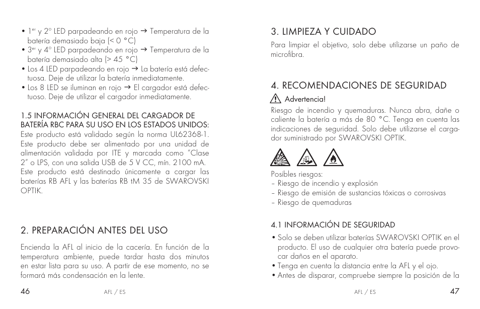 Preparación antes del uso, Limpieza y cuidado, Recomendaciones de seguridad | Swarovski AFL Rechargeable Anti-Fog Lens for Z6i, Z8i, dS User Manual | Page 24 / 87