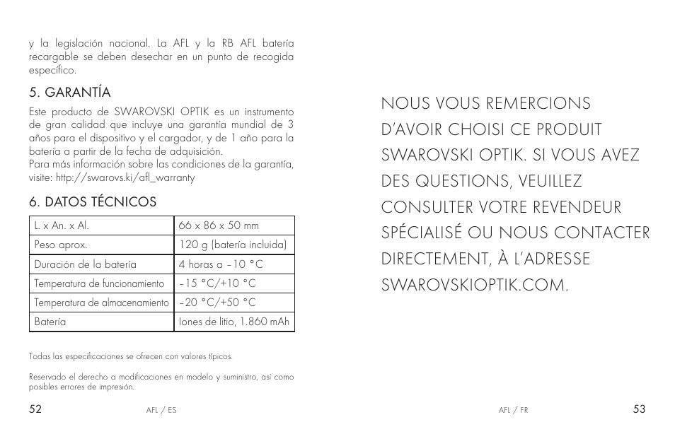 Datos técnicos, Garantía | Swarovski AFL Rechargeable Anti-Fog Lens for Z6i, Z8i, dS User Manual | Page 27 / 87