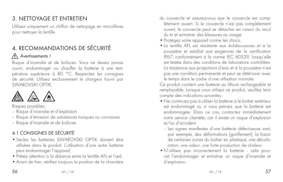 Nettoyage et entretien, Recommandations de sécurité | Swarovski AFL Rechargeable Anti-Fog Lens for Z6i, Z8i, dS User Manual | Page 29 / 87