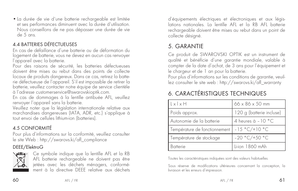 Garantie, Caractéristiques techniques | Swarovski AFL Rechargeable Anti-Fog Lens for Z6i, Z8i, dS User Manual | Page 31 / 87