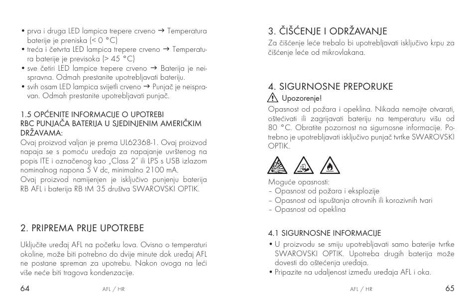 Priprema prije upotrebe, Čišćenje i održavanje, Sigurnosne preporuke | Swarovski AFL Rechargeable Anti-Fog Lens for Z6i, Z8i, dS User Manual | Page 33 / 87