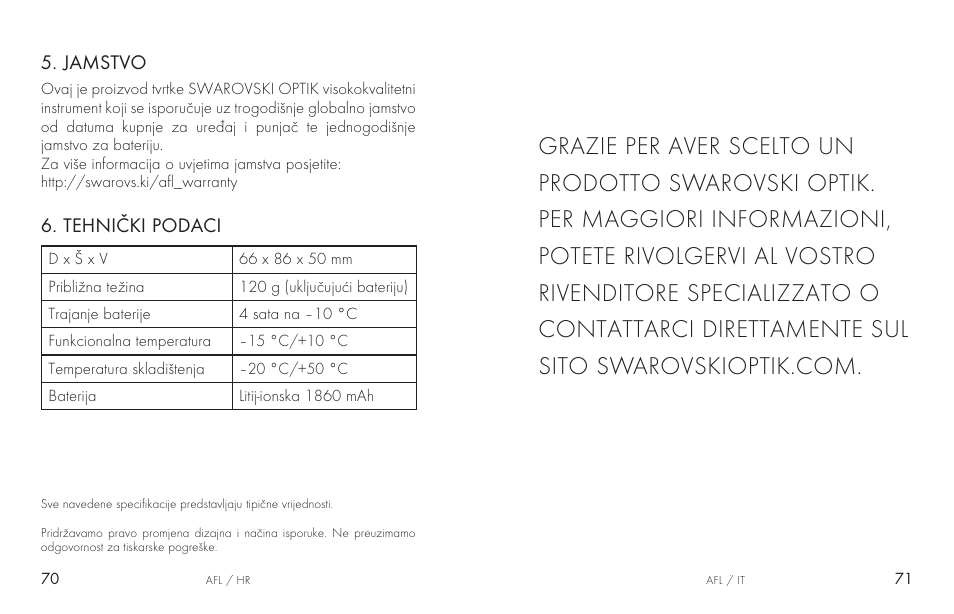 Tehnički podaci, Jamstvo | Swarovski AFL Rechargeable Anti-Fog Lens for Z6i, Z8i, dS User Manual | Page 36 / 87