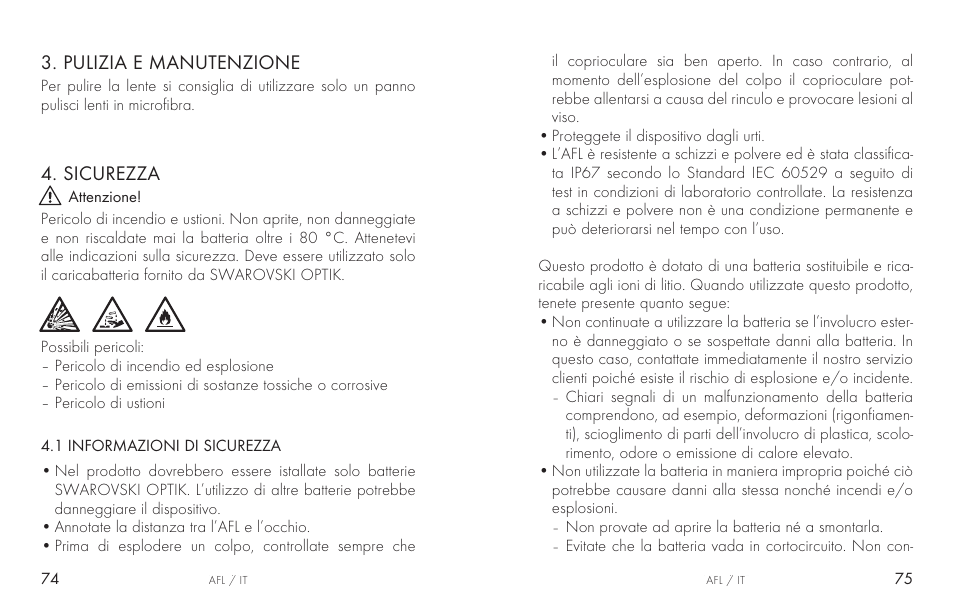 Pulizia e manutenzione, Sicurezza | Swarovski AFL Rechargeable Anti-Fog Lens for Z6i, Z8i, dS User Manual | Page 38 / 87