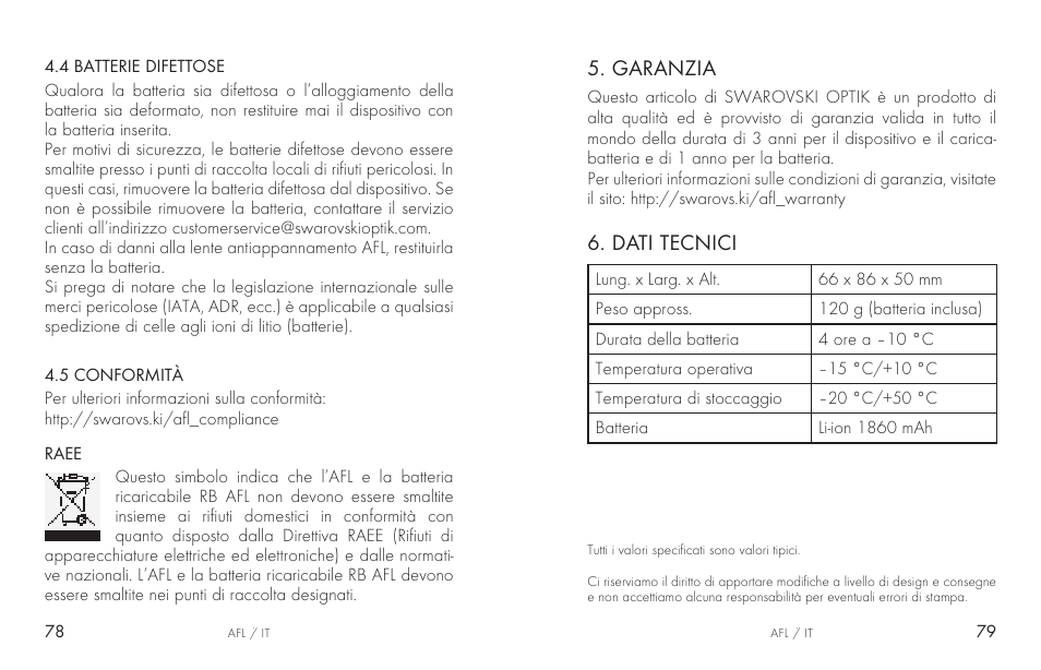 Garanzia, Dati tecnici | Swarovski AFL Rechargeable Anti-Fog Lens for Z6i, Z8i, dS User Manual | Page 40 / 87