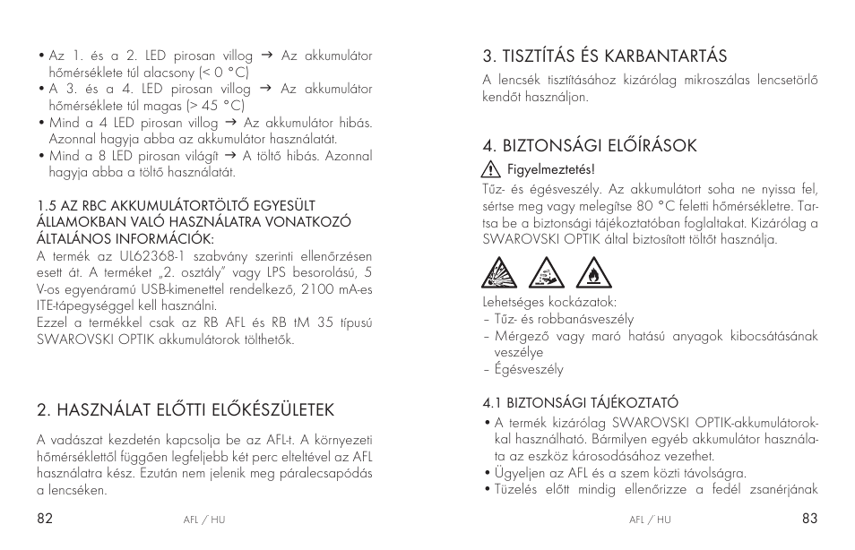 Használat előtti előkészületek, Tisztítás és karbantartás, Biztonsági előírások | Swarovski AFL Rechargeable Anti-Fog Lens for Z6i, Z8i, dS User Manual | Page 42 / 87