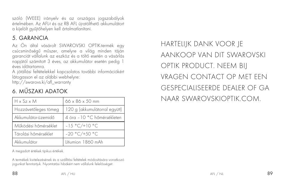 Műszaki adatok, Garancia | Swarovski AFL Rechargeable Anti-Fog Lens for Z6i, Z8i, dS User Manual | Page 45 / 87