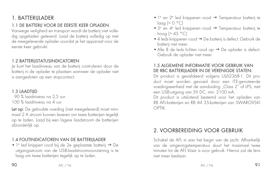 Batterijlader, Voorbereiding voor gebruik | Swarovski AFL Rechargeable Anti-Fog Lens for Z6i, Z8i, dS User Manual | Page 46 / 87