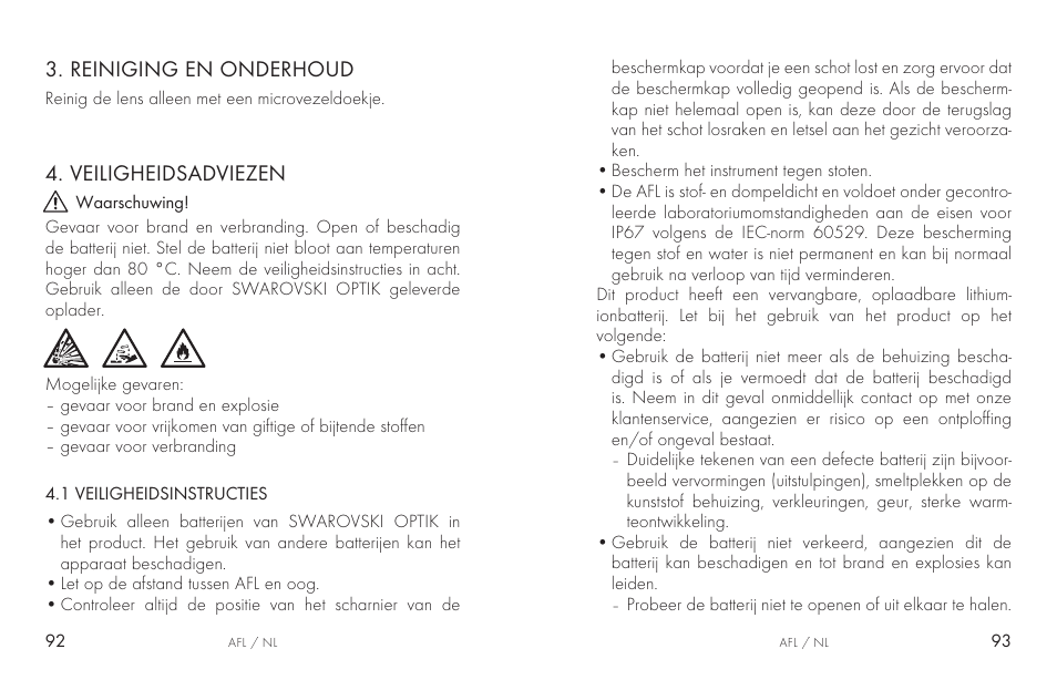 Reiniging en onderhoud, Veiligheidsadviezen | Swarovski AFL Rechargeable Anti-Fog Lens for Z6i, Z8i, dS User Manual | Page 47 / 87