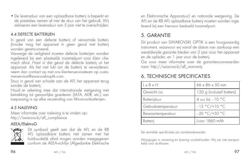 Garantie, Technische specificaties | Swarovski AFL Rechargeable Anti-Fog Lens for Z6i, Z8i, dS User Manual | Page 49 / 87