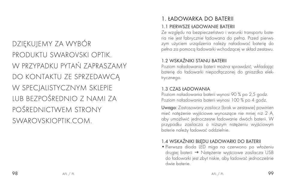 Ładowarka do baterii | Swarovski AFL Rechargeable Anti-Fog Lens for Z6i, Z8i, dS User Manual | Page 50 / 87