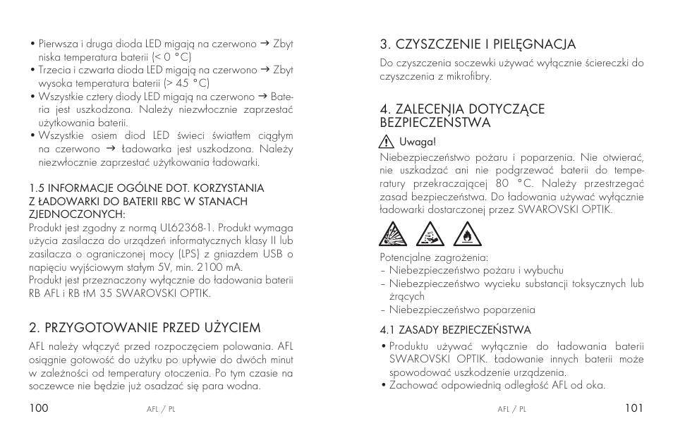 Przygotowanie przed użyciem, Czyszczenie i pielęgnacja, Zalecenia dotyczące bezpieczeństwa | Swarovski AFL Rechargeable Anti-Fog Lens for Z6i, Z8i, dS User Manual | Page 51 / 87