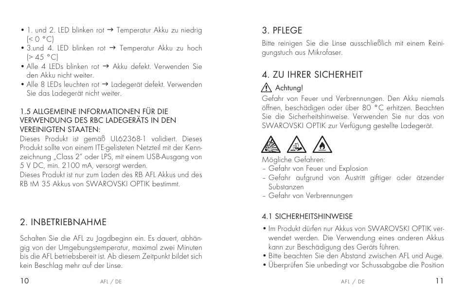 Inbetriebnahme, Pflege, Zu ihrer sicherheit | Swarovski AFL Rechargeable Anti-Fog Lens for Z6i, Z8i, dS User Manual | Page 6 / 87