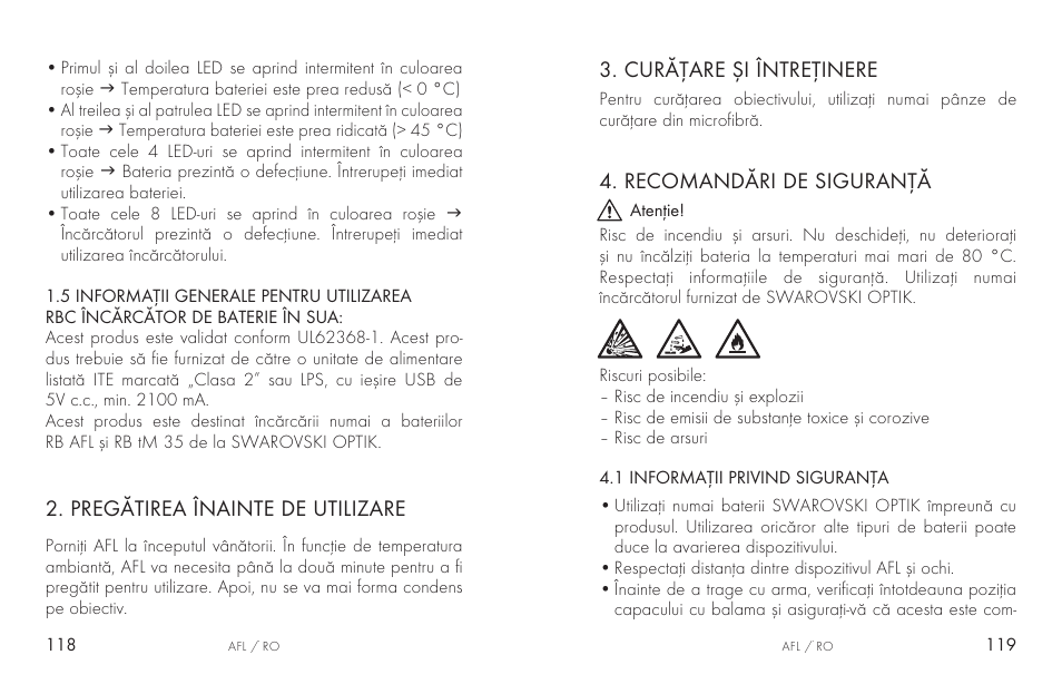 Pregătirea înainte de utilizare, Curățare și întreținere, Recomandări de siguranță | Swarovski AFL Rechargeable Anti-Fog Lens for Z6i, Z8i, dS User Manual | Page 60 / 87