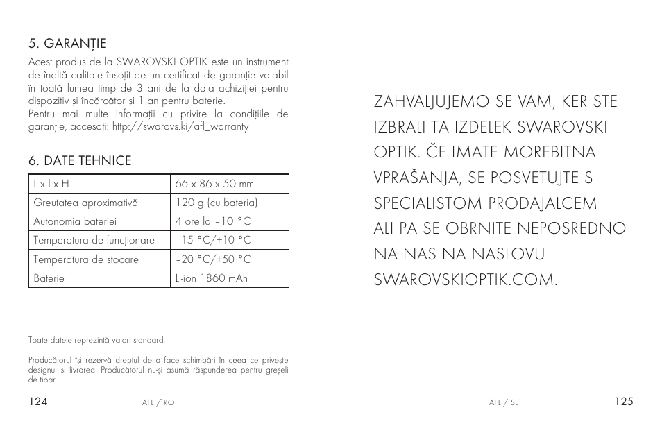 Date tehnice, Garanție | Swarovski AFL Rechargeable Anti-Fog Lens for Z6i, Z8i, dS User Manual | Page 63 / 87