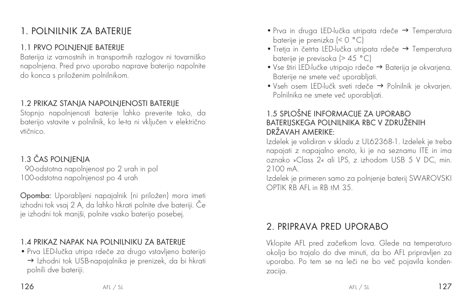 Polnilnik za baterije, Priprava pred uporabo | Swarovski AFL Rechargeable Anti-Fog Lens for Z6i, Z8i, dS User Manual | Page 64 / 87