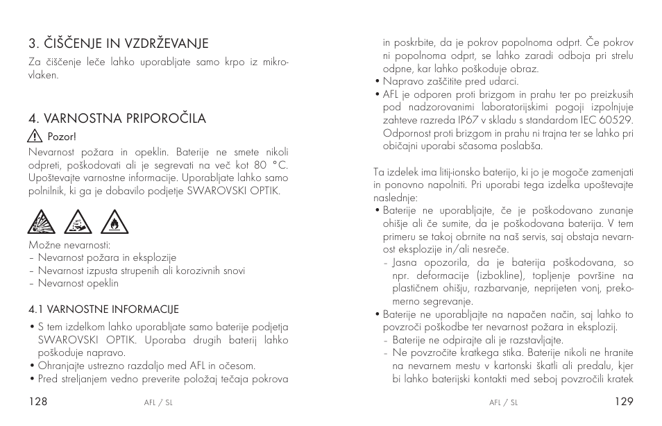 Čiščenje in vzdrževanje, Varnostna priporočila | Swarovski AFL Rechargeable Anti-Fog Lens for Z6i, Z8i, dS User Manual | Page 65 / 87