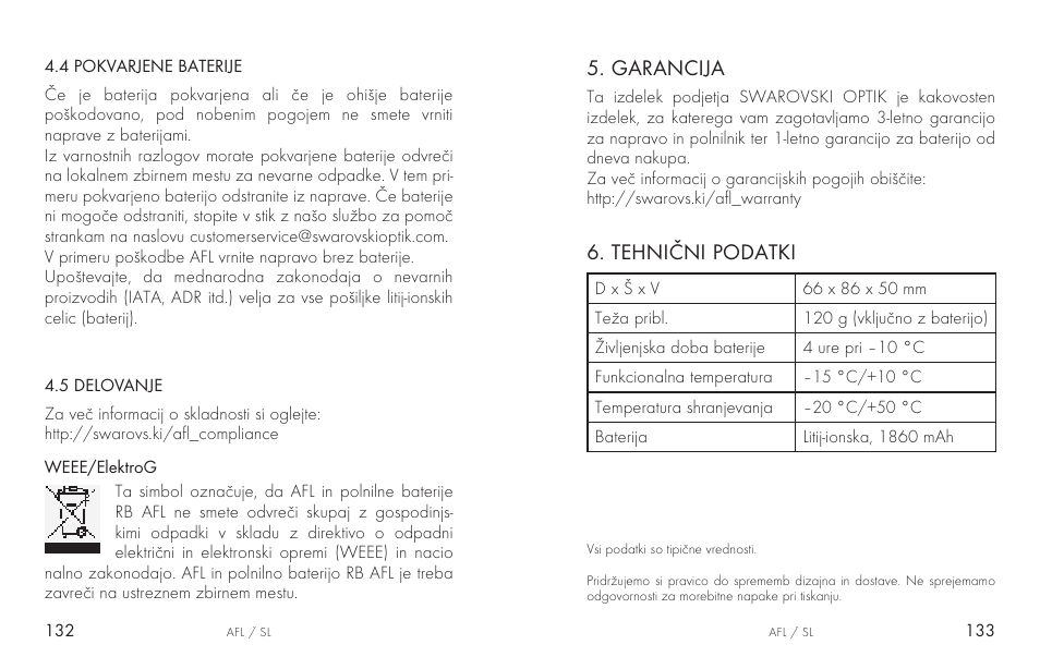 Garancija, Tehnični podatki | Swarovski AFL Rechargeable Anti-Fog Lens for Z6i, Z8i, dS User Manual | Page 67 / 87