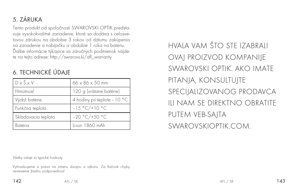 Technické údaje, Záruka | Swarovski AFL Rechargeable Anti-Fog Lens for Z6i, Z8i, dS User Manual | Page 72 / 87