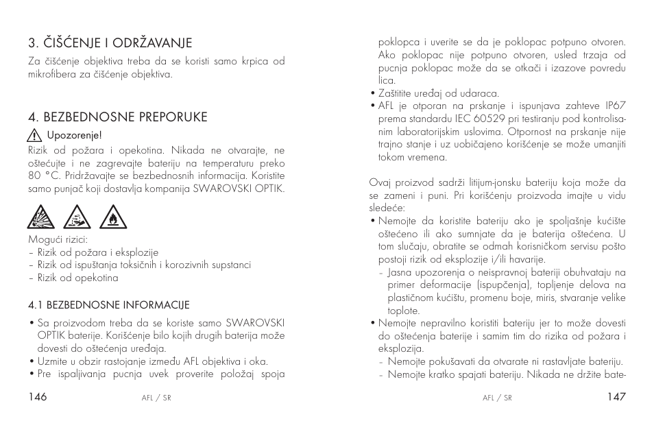 Čišćenje i održavanje, Bezbednosne preporuke | Swarovski AFL Rechargeable Anti-Fog Lens for Z6i, Z8i, dS User Manual | Page 74 / 87