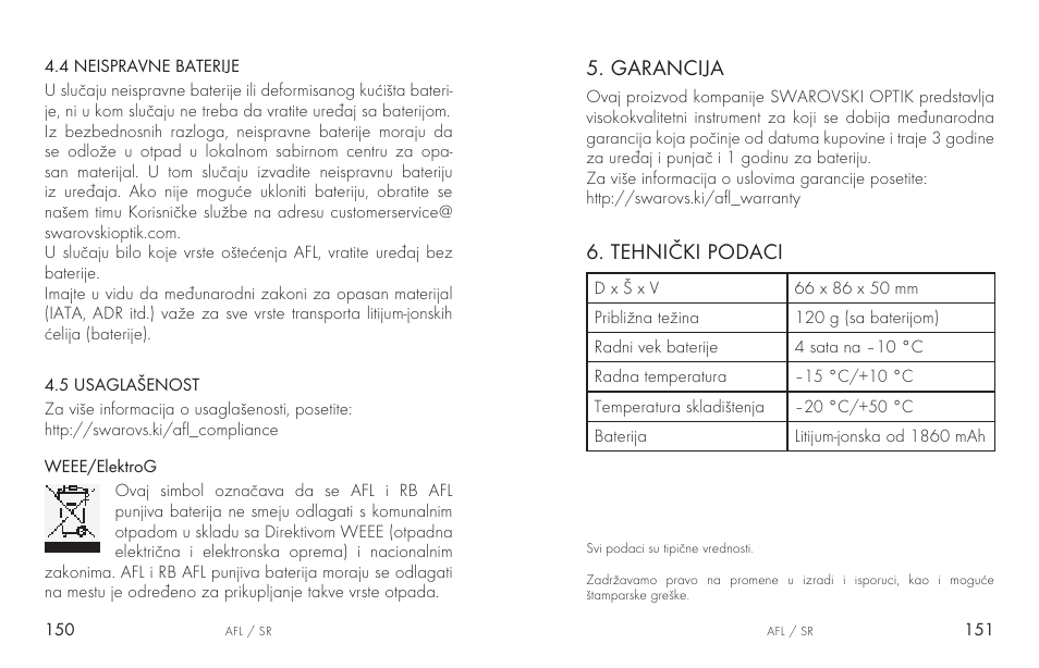 Garancija, Tehnički podaci | Swarovski AFL Rechargeable Anti-Fog Lens for Z6i, Z8i, dS User Manual | Page 76 / 87