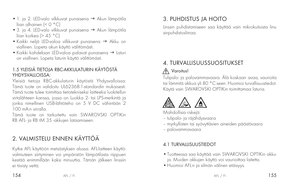 Valmistelu ennen käyttöä, Puhdistus ja hoito, Turvallisuussuositukset | Swarovski AFL Rechargeable Anti-Fog Lens for Z6i, Z8i, dS User Manual | Page 78 / 87