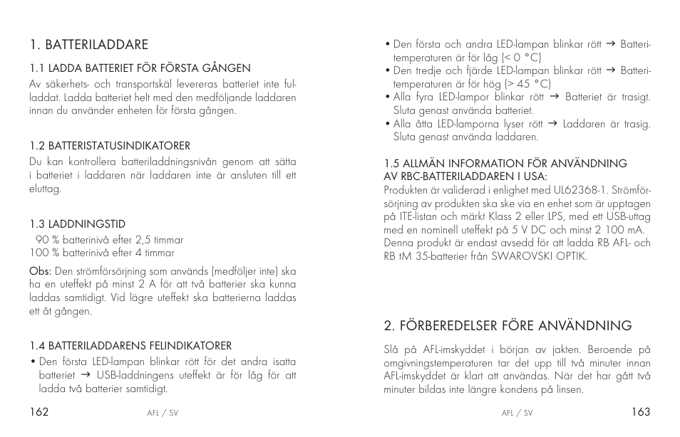 Batteriladdare, Förberedelser före användning | Swarovski AFL Rechargeable Anti-Fog Lens for Z6i, Z8i, dS User Manual | Page 82 / 87