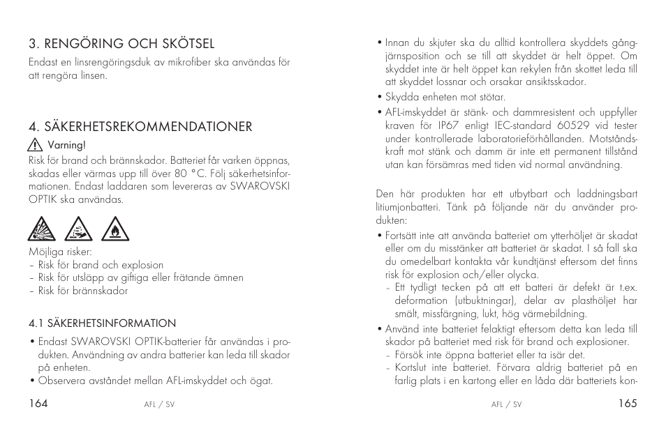 Rengöring och skötsel, Säkerhetsrekommendationer | Swarovski AFL Rechargeable Anti-Fog Lens for Z6i, Z8i, dS User Manual | Page 83 / 87