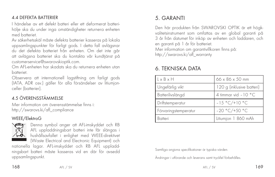 Garanti, Tekniska data | Swarovski AFL Rechargeable Anti-Fog Lens for Z6i, Z8i, dS User Manual | Page 85 / 87