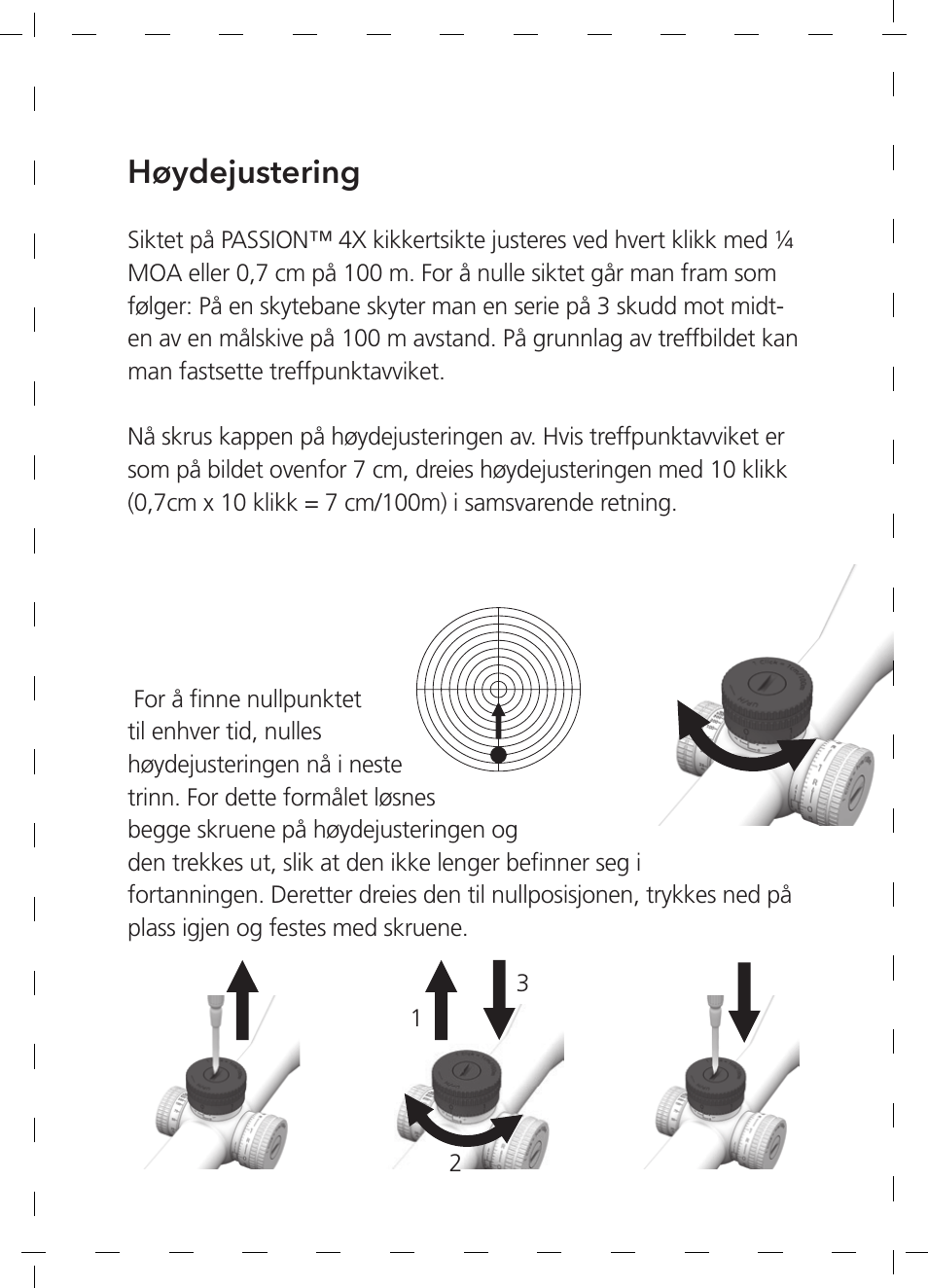 Høydejustering | GPO USA 6-24x50 Passion 4X Riflescope (MOA Ballistic Reticle) User Manual | Page 110 / 152