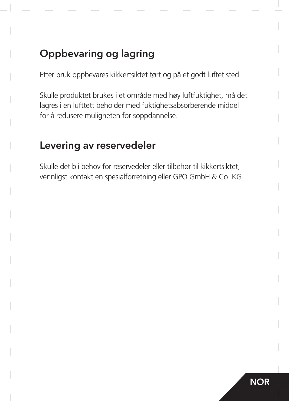 Oppbevaring og lagring, Levering av reservedeler | GPO USA 6-24x50 Passion 4X Riflescope (MOA Ballistic Reticle) User Manual | Page 115 / 152