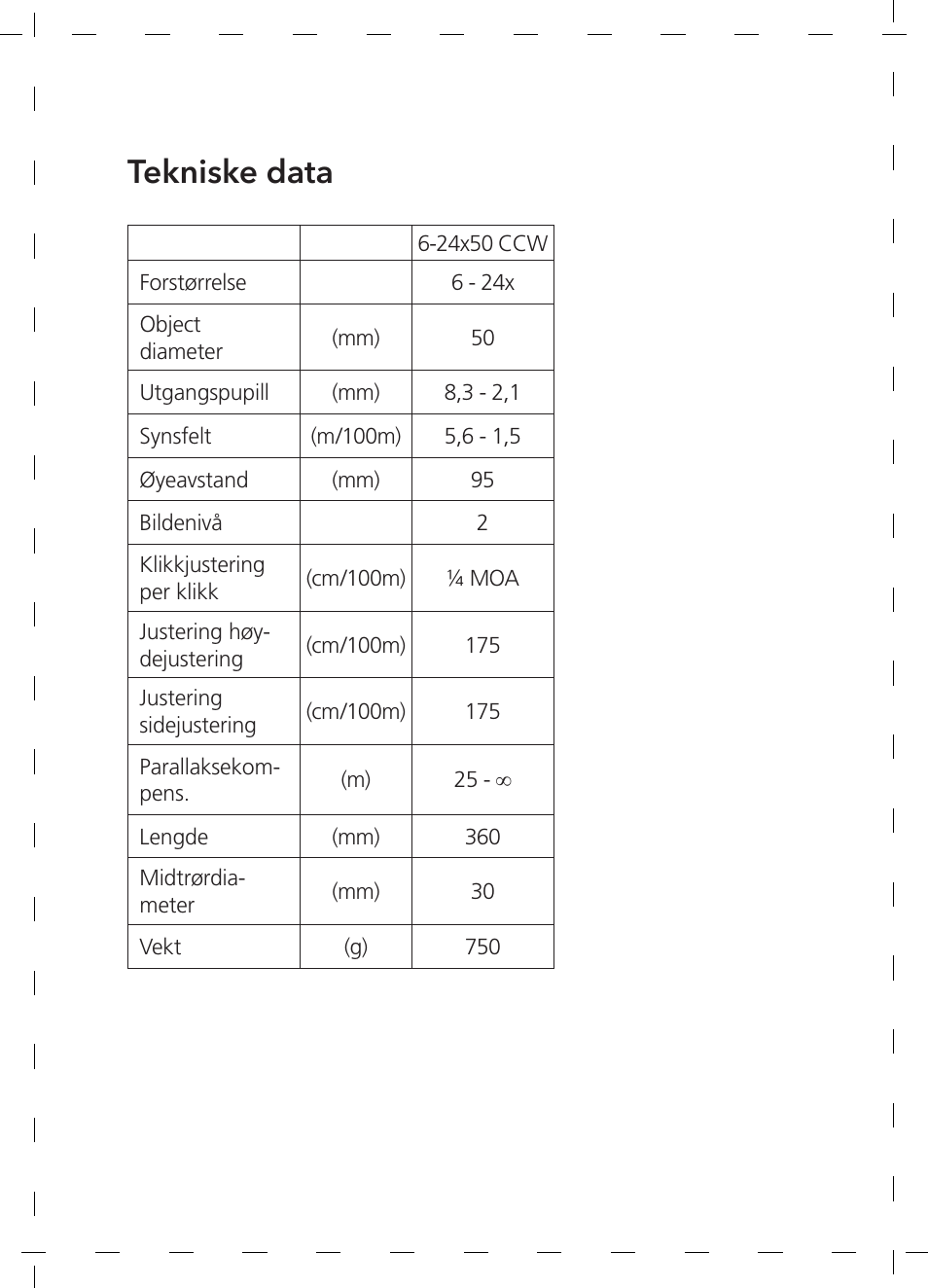 Tekniske data | GPO USA 6-24x50 Passion 4X Riflescope (MOA Ballistic Reticle) User Manual | Page 116 / 152