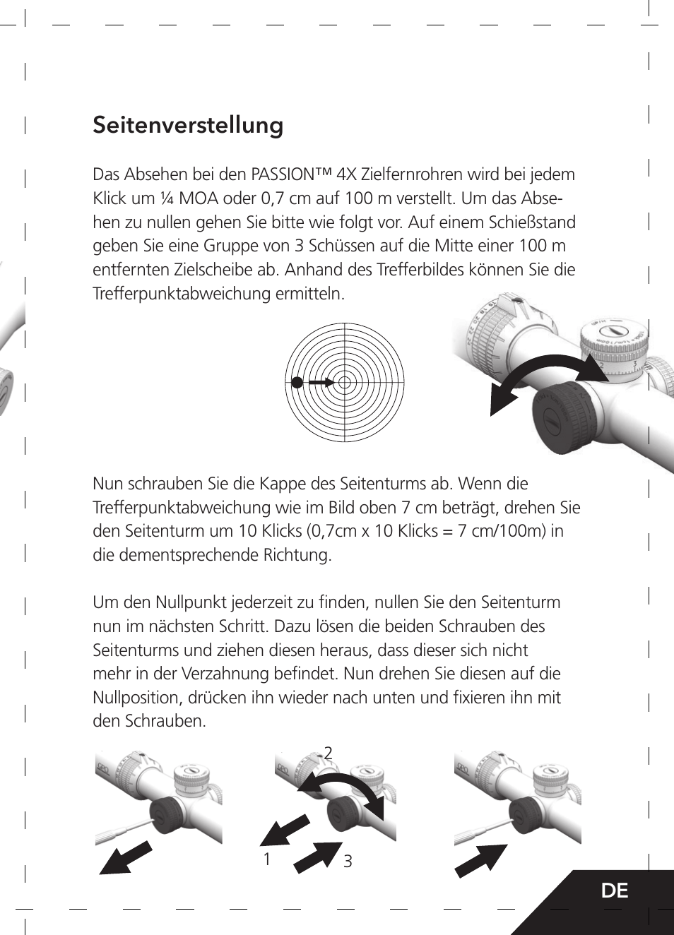 Seitenverstellung | GPO USA 6-24x50 Passion 4X Riflescope (MOA Ballistic Reticle) User Manual | Page 13 / 152